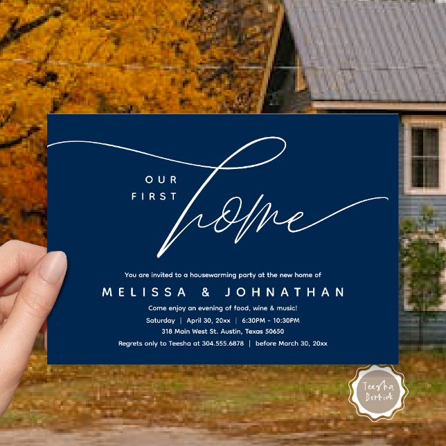 Convites Nossa Primeira Casa, Festa Adorável De Aquecimento (Our First Home, Cozy Lovely Housewarming Party Invitation Card, PDF, Lovely Cozy Romantic Navy Blue)