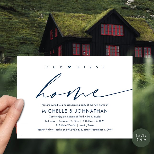 Convites Nossa Primeira Nova Casa, Comemoração do Partido d (Our First New Home, Housewarming Party Celebration Invitation Card, PDF, in Navy Blue)