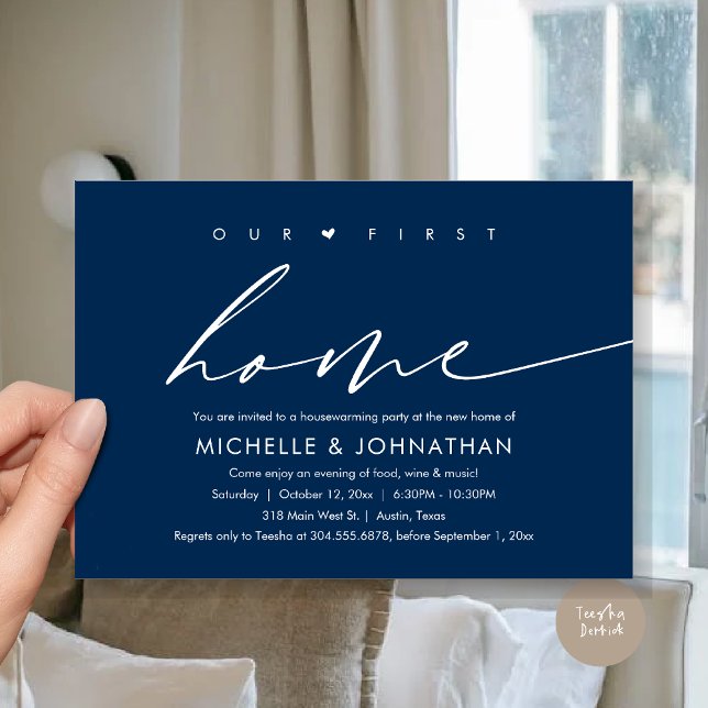 Convites Nossa Primeira Nova Casa, Comemoração do Partido d (Our First New Home, Housewarming Party Celebration Invitation Card, PDF, in Navy Blue)