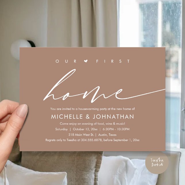 Convites Nossa Primeira Nova Casa, Comemoração do Partido d (Our First New Home, Housewarming Party Celebration Invitation Card, PDF, in Neutral Taupe Earthy)