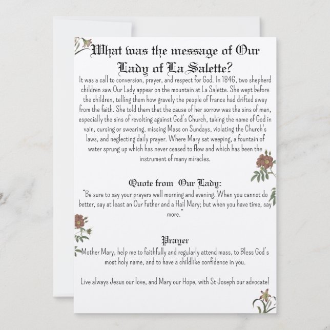 Convites Nossa Senhora de La Salette Prayer Card (Verso)