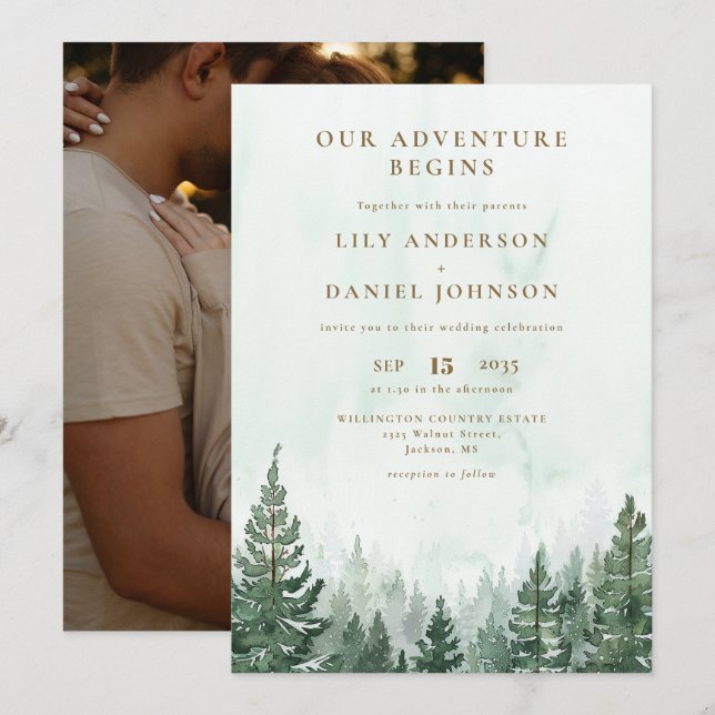 Convites Nosso Casamento Foto Floresta de Pinheiros Rústico (Frente/Verso)