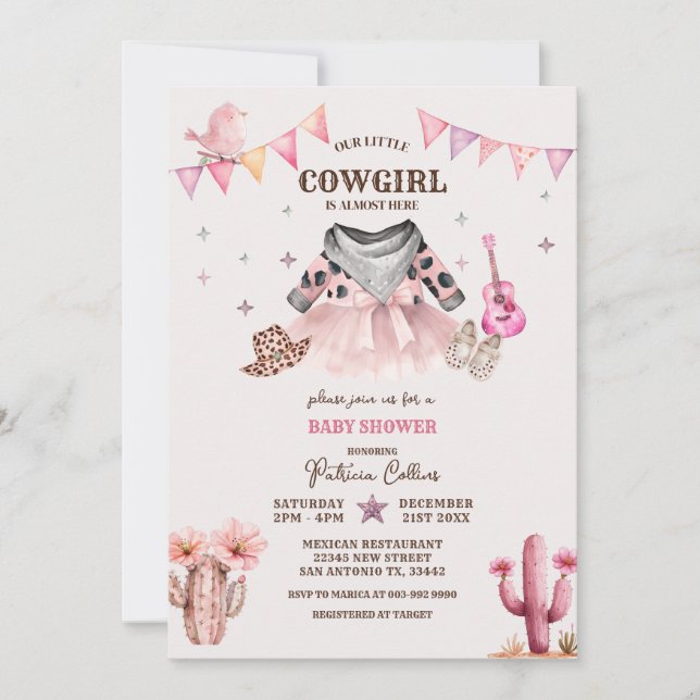 Convites Nosso Chá de fraldas Ocidental da Pequena Cowgirl (Frente)