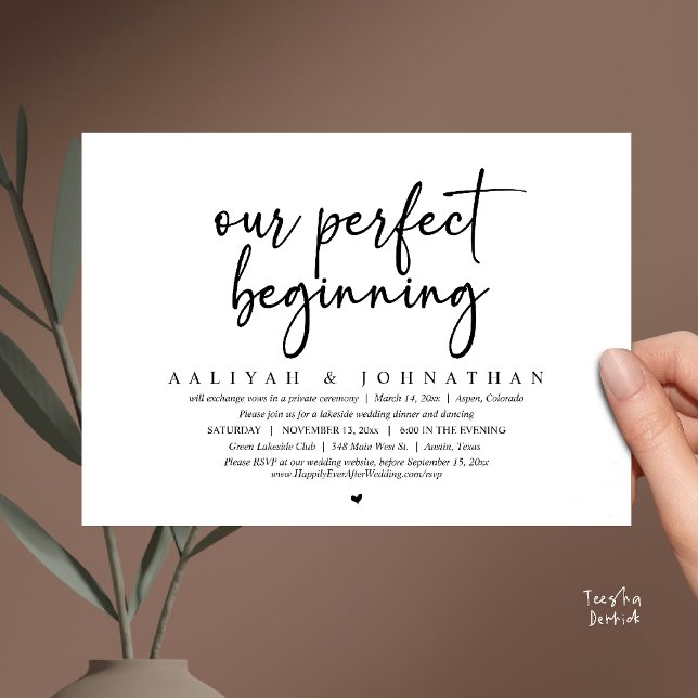 Convites Nosso Começo Perfeito, Festa de Casamento Fugitivo (Our Perfect Beginning, Wedding Elopement Party Invitation Card in Black and white)
