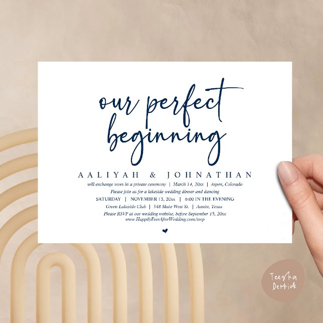 Convites Nosso Começo Perfeito, Festa de Casamento Fugitivo (Our Perfect Beginning, Wedding Elopement Party Invitation card in navy blue)