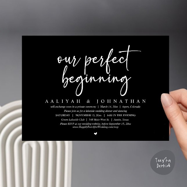 Convites Nosso Começo Perfeito, Festa de Casamento Fugitivo (Our Perfect Beginning, Wedding Elopement Party Invitation card in black and white)