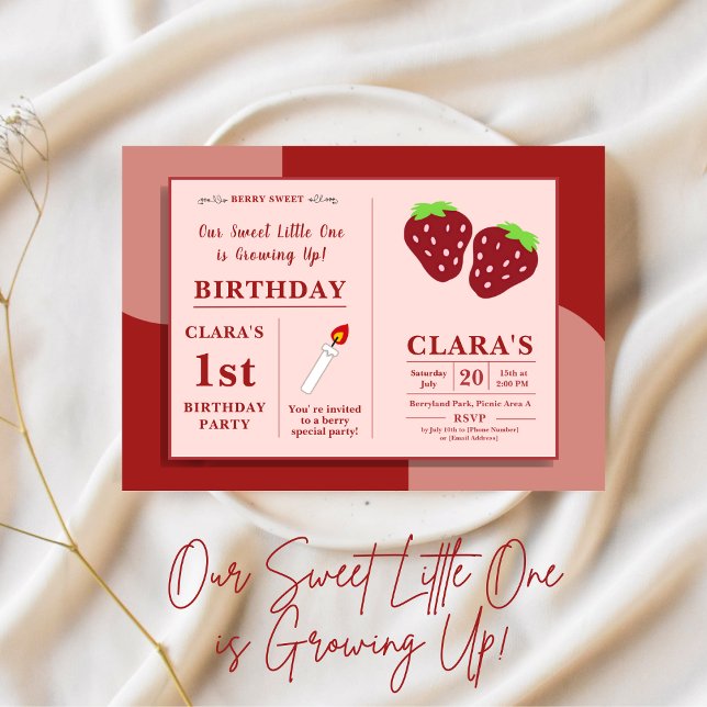 Convites Nosso Doce Pequeno Está Crescendo Aniversário (Our Sweet Little One is Growing Up red & pink candle and strawberry first Birthday Invitation)