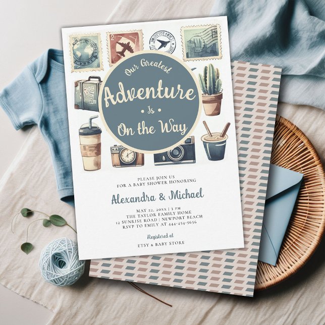 Convites Nosso maior Chá de Bebê Retro Coed (greatest adventure baby boy shower invitation retro vintage watercolor coed travels voyage)
