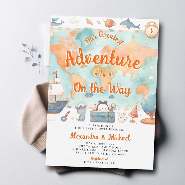 Convites Nosso maior Chá de fraldas neutro codificado de av (greatest adventure couples baby shower invitation cute world map watercolor coed gender neutral)