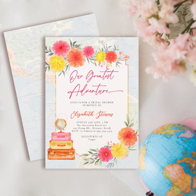 Convites Nosso Maior Tema Floral de Viagem para Noivas (travel bridal shower invitation floral watercolor world map suitcase tropical hot pink zinnia)