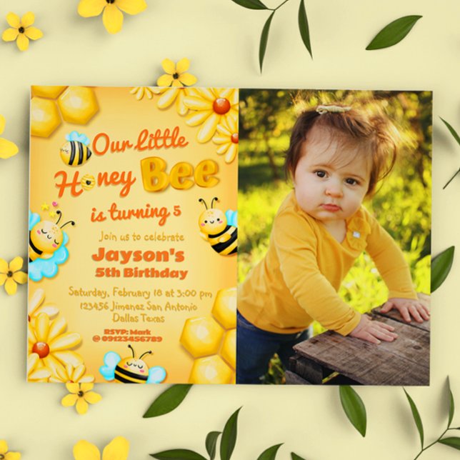 Convites Nosso Pequeno Aniversário de Abelha de Mel com Fot (Our Little Honey Bee Birthday with Photo Invitation)