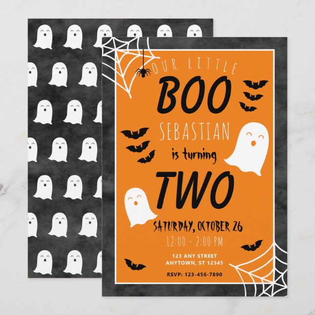 Convites Nosso Pequeno Boo 2º Aniversário Fantasma Dia das  (Frente/Verso)