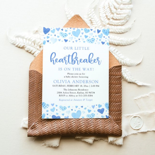 Convites Nosso pequeno Chá de fraldas Namorados Azul (Watercolor Cute A Little Heartbreaker Blue Hearts Baby Boy Valentine Baby Shower Invitation)