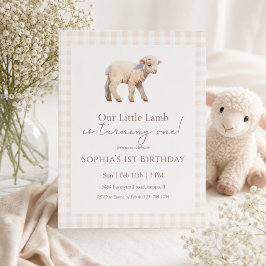 Convites Nosso Pequeno Cordeiro Aniversário Gingham Neutro