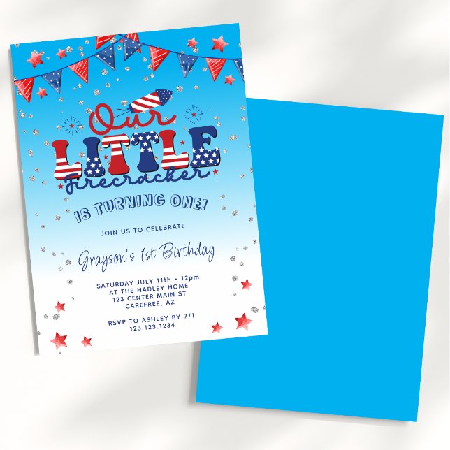 Convites Nosso Pequeno Menino Firecracker Azul 1º Aniversár (Criador carregado)