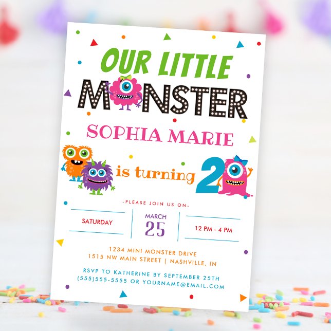 Convites Nosso Pequeno Monstro Festa de Aniversário de cria (Our Little Monster Cute Pink Kids Birthday Party Invitation)