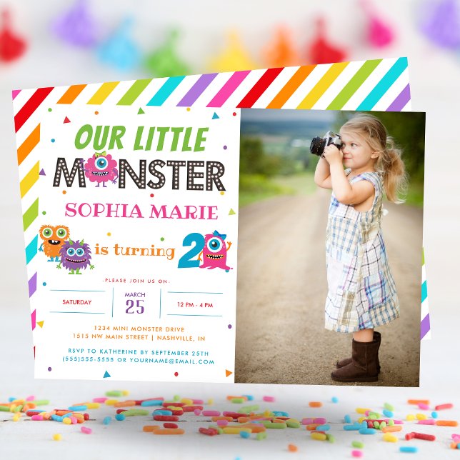 Convites Nosso Pequeno Monstro Foto Rosa Rosa Rosa, Anivers (Our Little Monster Cute Pink Photo Birthday Invitation)