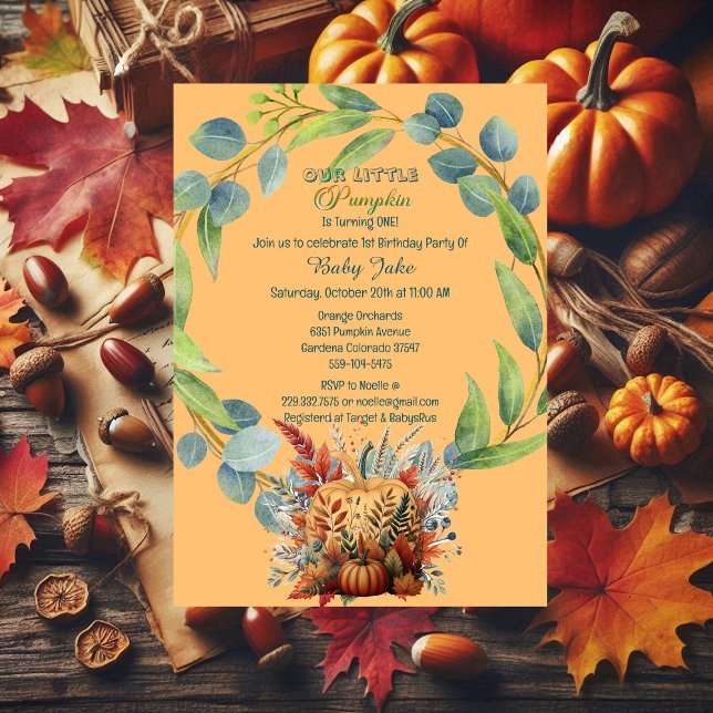 Convites Nosso Pequeno primeiro aniversario De Abóbora Cai  (Our Little Pumpkin 1st Birthday Fall Wreath Orange Invitation)