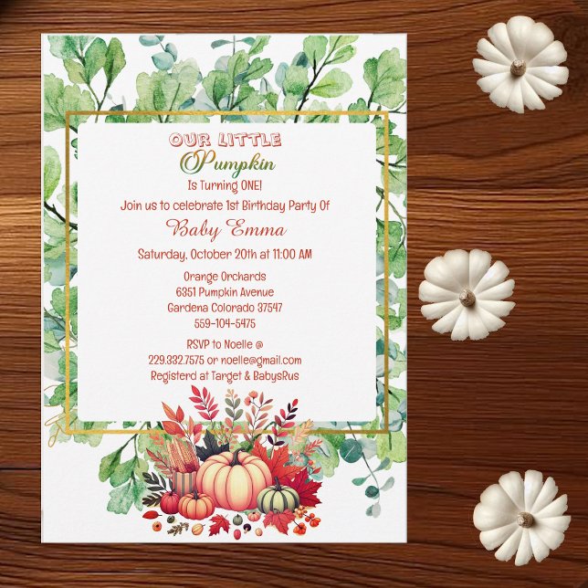 Convites Nosso Pequeno primeiro aniversario de Abóbora, Mur (Little Pumpkin 1st Birthday Green Fall Wreath Invitation)
