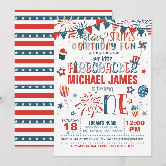 Convites Nosso Pequeno primeiro aniversario do Firecracker  (Frente/Verso)