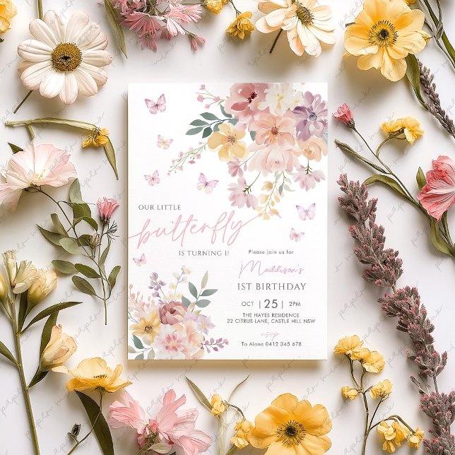 Convites Nosso pequeno primeiro aniversario Floral de Borbo (Little butterfly 1st birthday. Floral butterfly birthday invitation)
