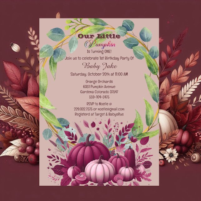 Convites Nosso Pequeno primeiro aniversario Roxo Da Bomba (Our Little Pumpkin Purple 1st Birthday Fall Wreath Invitation)
