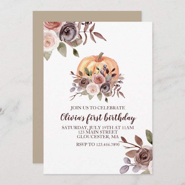 Convites Nosso Pequeno Pumpkin cai floralmente no primeiro  (Frente/Verso)