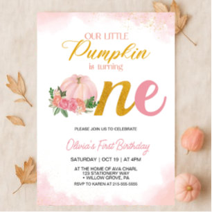 Convites Nosso Pequeno Pumpkin Rosa e Dourado primeiro aniv