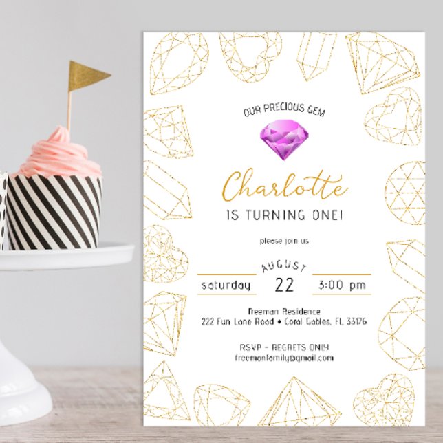 Convites Nosso Precioso Gem Purple e Dourado Aniversário Co (gem gold glitter birthday party invitation)