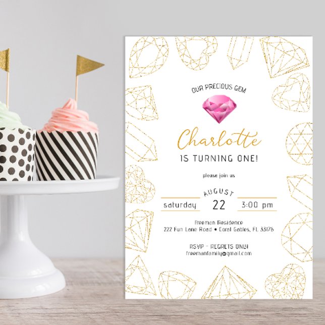 Convites Nosso Precioso Gem Rosa e Dourado Aniversário Conv (gemstone gold glitter birthday party invitation, pink)