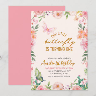 Convites Nosso primeiro aniversario floral rosa de borbolet