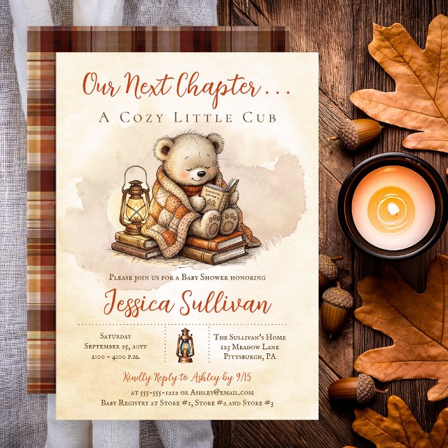 Convites Nosso Próximo Capítulo Urso de Pelúcia Chuvinha de (Our Next Chapter Cozy Little Cub teddy bear reading baby shower invitation)