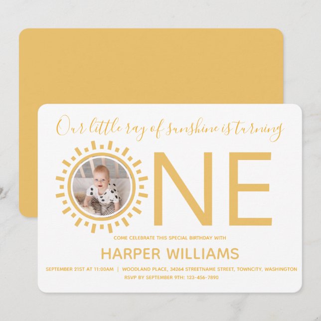 Convites Nosso Raio de Sol Foto Bebê Primeiro Aniversário (Frente/Verso)