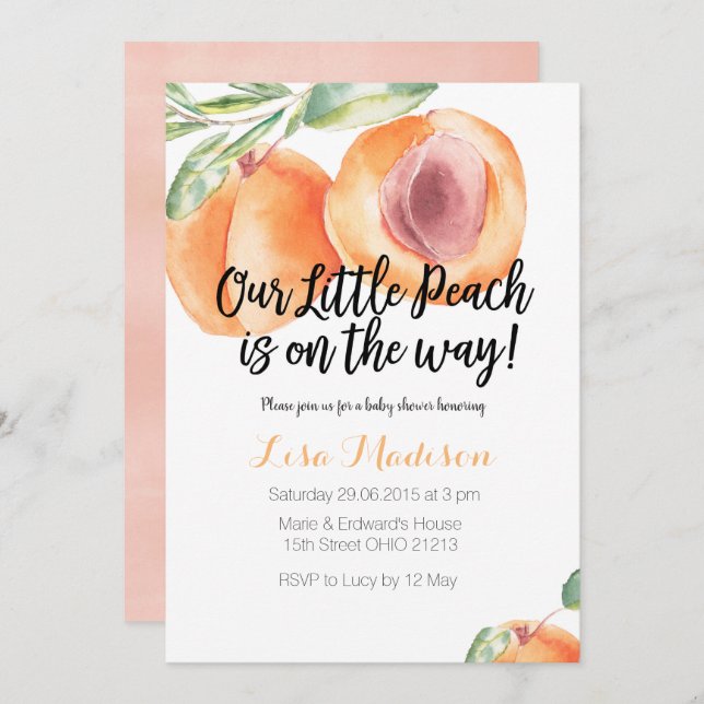 Convites Nossos Pequenos Pêssegos no caminho Chá de fraldas (Frente/Verso)