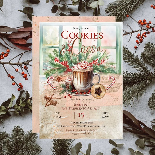 Convites Nostalgia Elegante e Festa de Férias de Cacau (Elegant and Nostalgic Cookies and Cocoa Christmas Holiday Party Invitation)