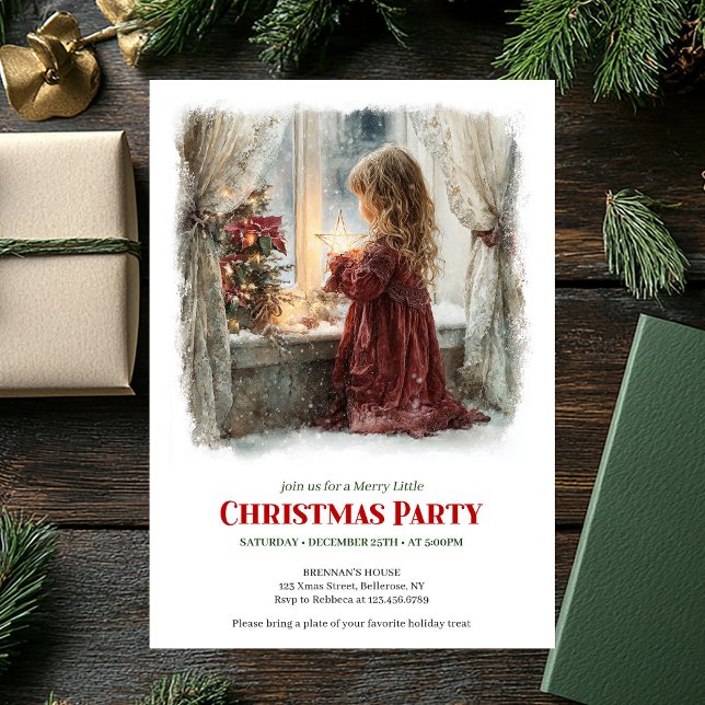 Convites Nostalgic girl awaits Santa digital Christmas  (Nostalgic girl awaits Santa digital Christmas invite)