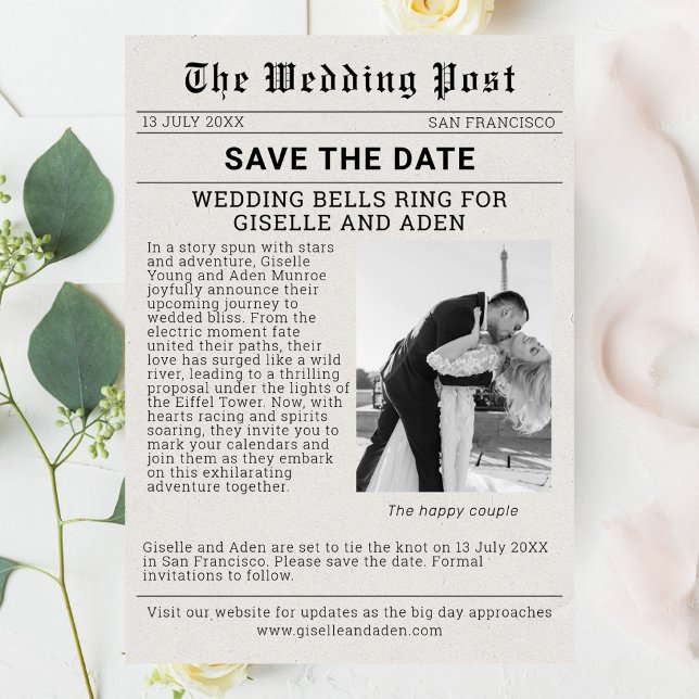 Convites Nostalgic Newspaper Casamento Salve a Data (Newspaper Wedding Save the Date)