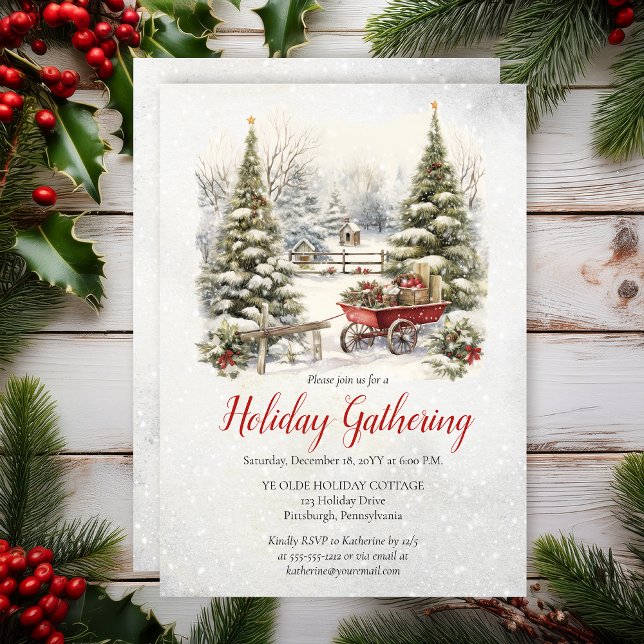 Convites Nostalgic Vintage Holiday Tree Christmas Gathering (Nostalgic Vintage Holiday Tree Christmas Gathering Party Invitation - Print | Digital Download)