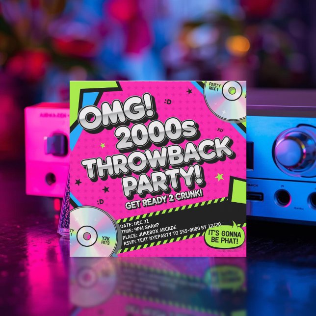 Convites Nostalgic Y2K Throwback Partido do Ano Novo (Fun and colorful invitation for your Y2K throwback party)