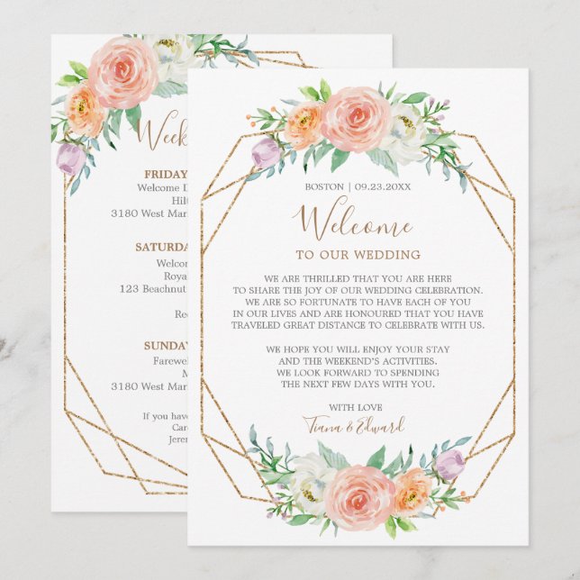 Convites Nota de Boas-Vindas de Casamento com Flor de Aquar (Frente/Verso)