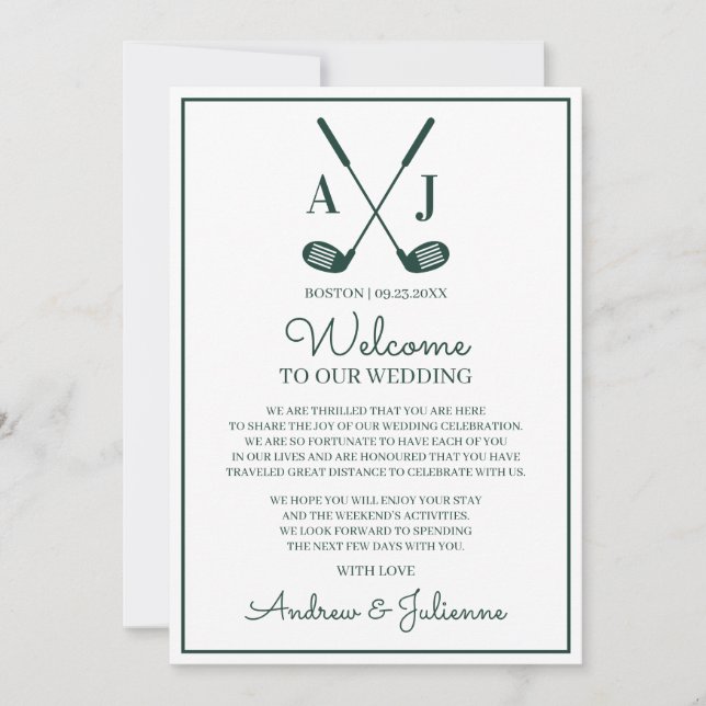 Convites Nota de Boas-Vindas de Casamento de Golfe Branco e (Frente)