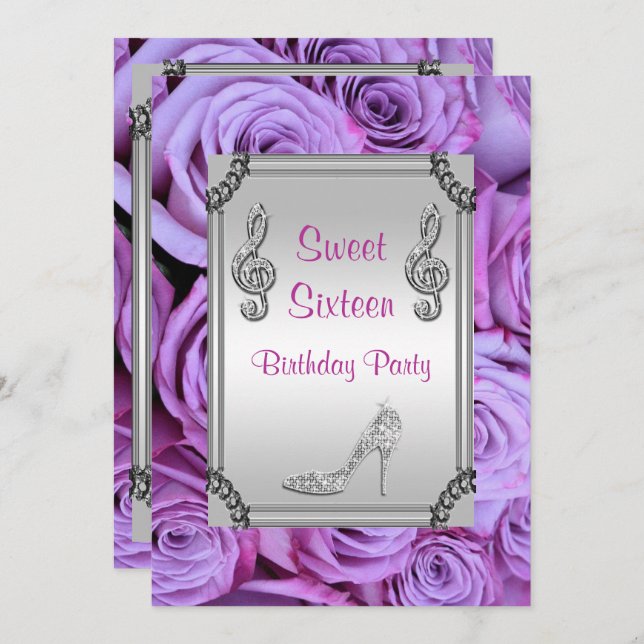 Convites Nota musical Diamond, Stiletto & Rosa Sweet 16 (Frente/Verso)