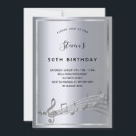Convites Notas de prata de aniversário<br><div class="desc">Uma carta moderna de 50ª convite de aniversário. Um fundo com aparência de prata falsa,  com uma imagem e notas musicais,  letras negras coloridas. Personalize e adicione um nome e informações da parte.</div>
