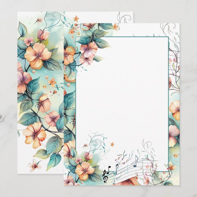 Convites Notas e flores de música aquáticas (Frente/Verso)