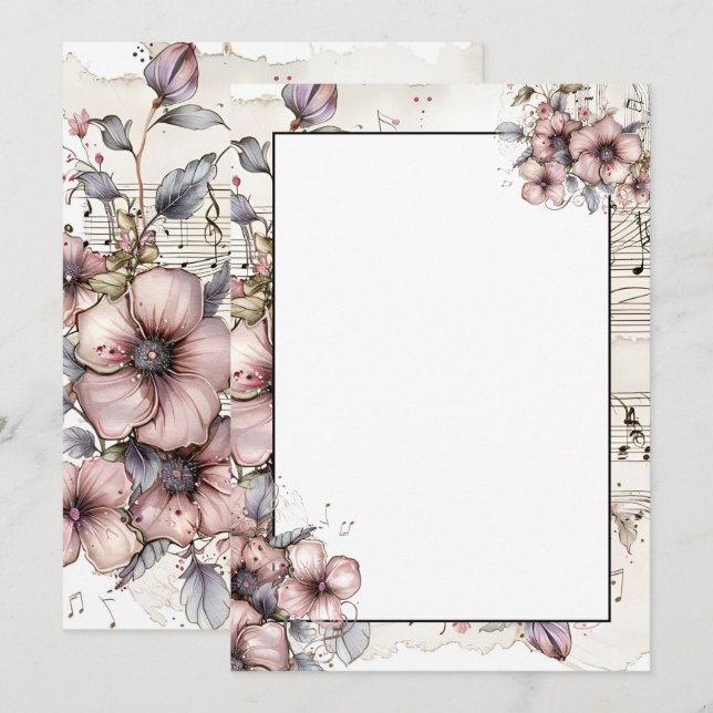 Convites Notas e flores de música aquáticas (Frente/Verso)