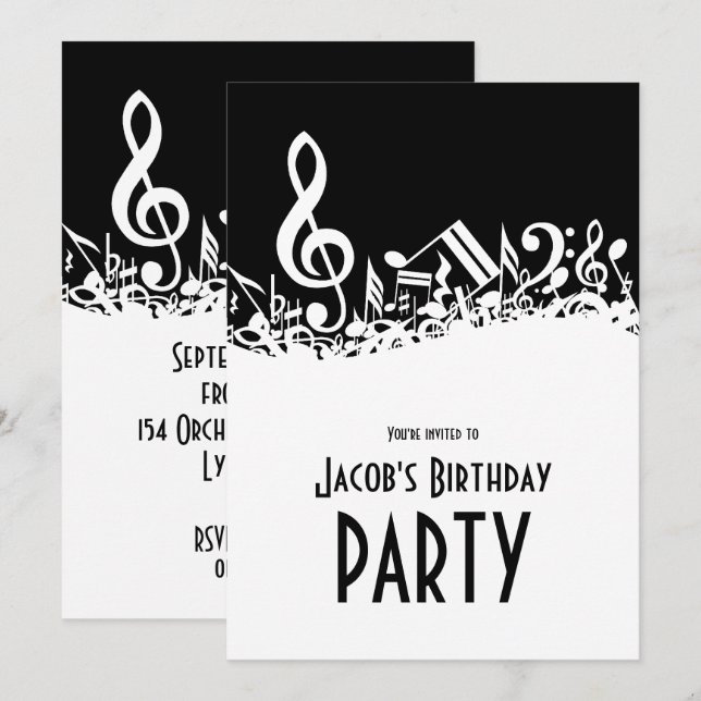 Convites Notas Musicais Brancas Personalizadas em Preto (Frente/Verso)