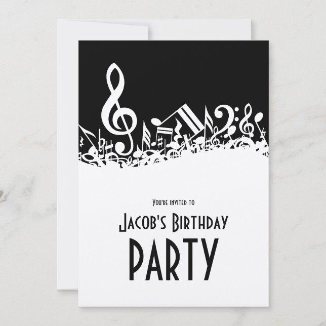 Convites Notas Musicais Brancas Personalizadas em Preto (Frente)