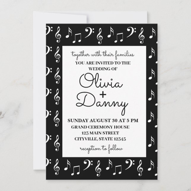Convites Notas Musicais Casamento Preto e Branco  (Frente)