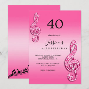 Convites Notas Musicais Cor-de-Rosa Espetaculares Aniversár