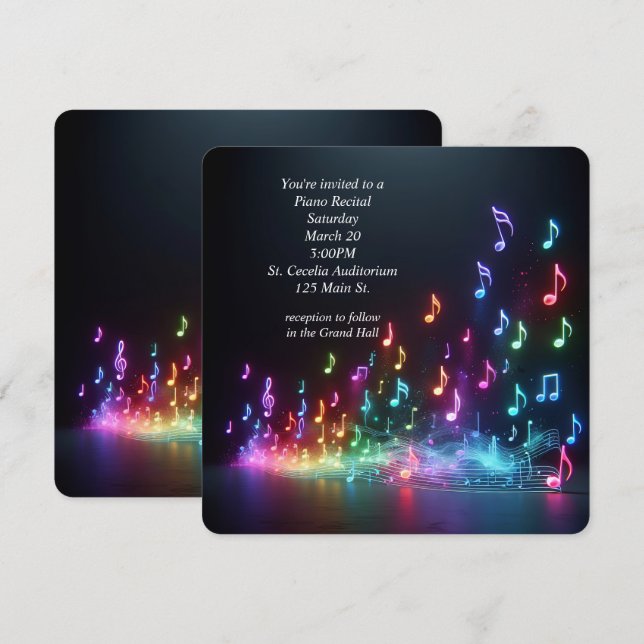 Convites Notas Musicais de Neon para Piano Considerando (Frente/Verso)